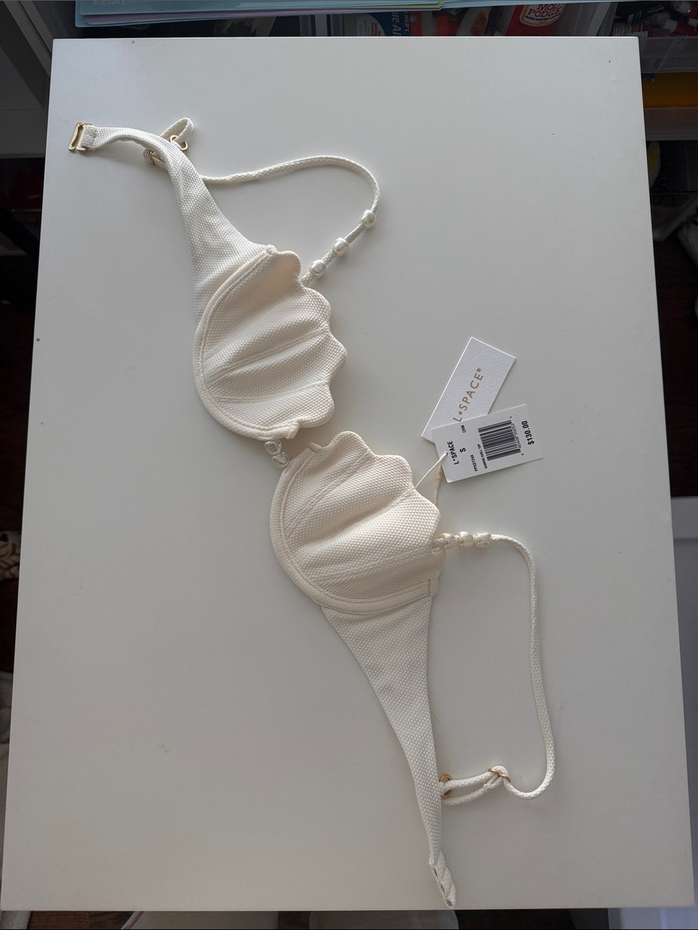 l*space Cream Textured Sunrise Shell Bikini Top with Bead Straps